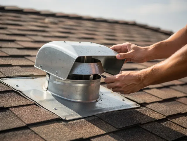 Granby Dryer Vent Cleaning certified technician safely cleaning a roof-mounted dryer vent in Granby