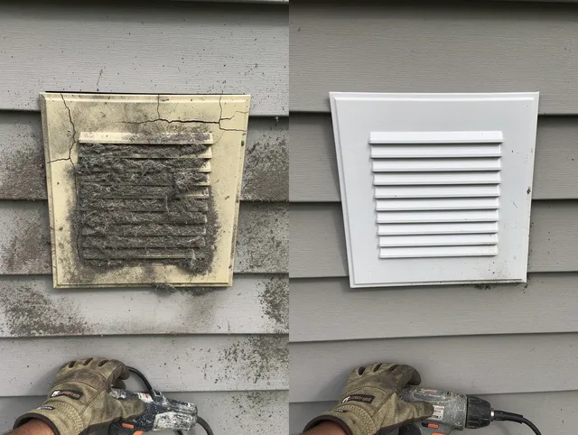 Granby Dryer Vent Cleaning technician installing high-quality dryer vent cover at a residential property in Granby