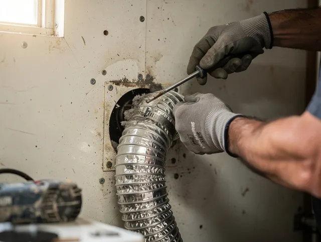 Granby Dryer Vent Cleaning technician performing precise dryer vent hose installation in Granby